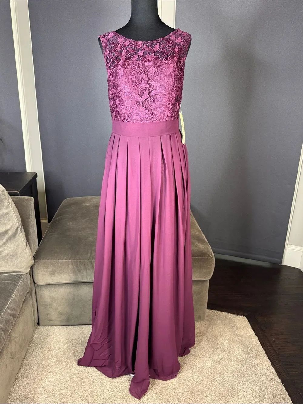 Women’s Purple Lace Bodice Sleeveless Full Length Formal Bridesmaid Gown Size S